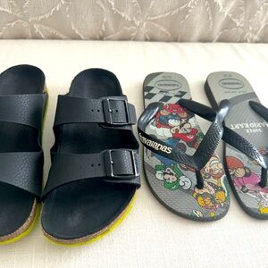 Two pairs of boys sandals – Birkenstocks and Mario Haviana flip flops size 2